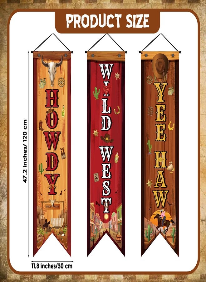 Chiisong 3 Western Party Decorations Cowboy Banners Wild West Hanging Decor Howdy Yes Haw Porch Sign Backdrops for Indoor Outdoor Cowboy Birthday Photo Props Wedding Party Supplies (Western) - Image 2